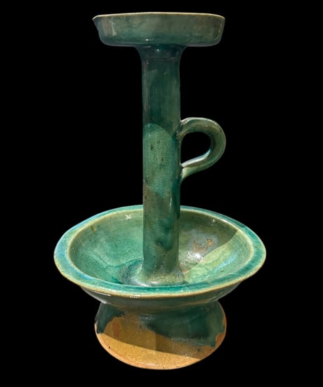 蝋燭台 取手付き 緑釉 置物 灯台 オブジェ 陶器 灯火器 骨董品 アンティーク