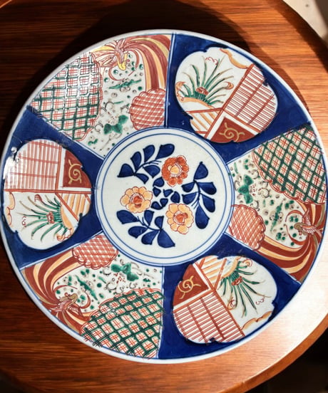 古伊万里 色絵【鶴草花紋】大皿 丸皿 盛り皿 飾り皿 和食器 古美術 和食器 骨董品 アンティーク