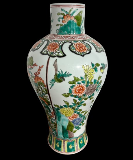 壺 [草花鳥紋絵] 大清康熙年製 中国雑貨 フラワーベース 花瓶 花入れ 丸壺 花器 陶器 古美術 骨董品