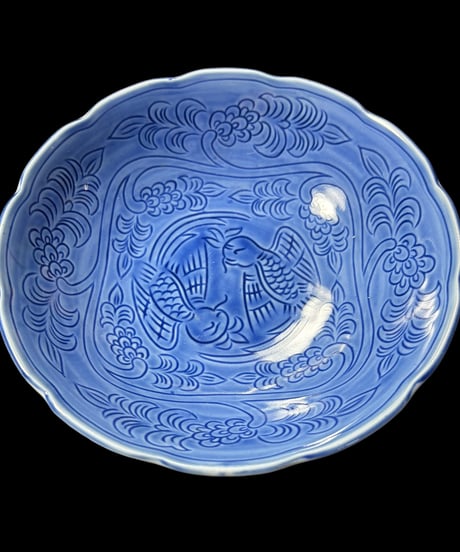 【5客セット】林泉 丸皿 ブルー 草花鳥絵 なます皿 取り皿 盛り皿 飾り皿 和食器 骨董品 アンティーク