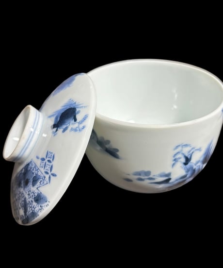 【2客セット】染付 蓋付き 向付 [松竹梅紋柄] 湯呑み 茶器 茶碗 茶道具 器 陶器 骨董品