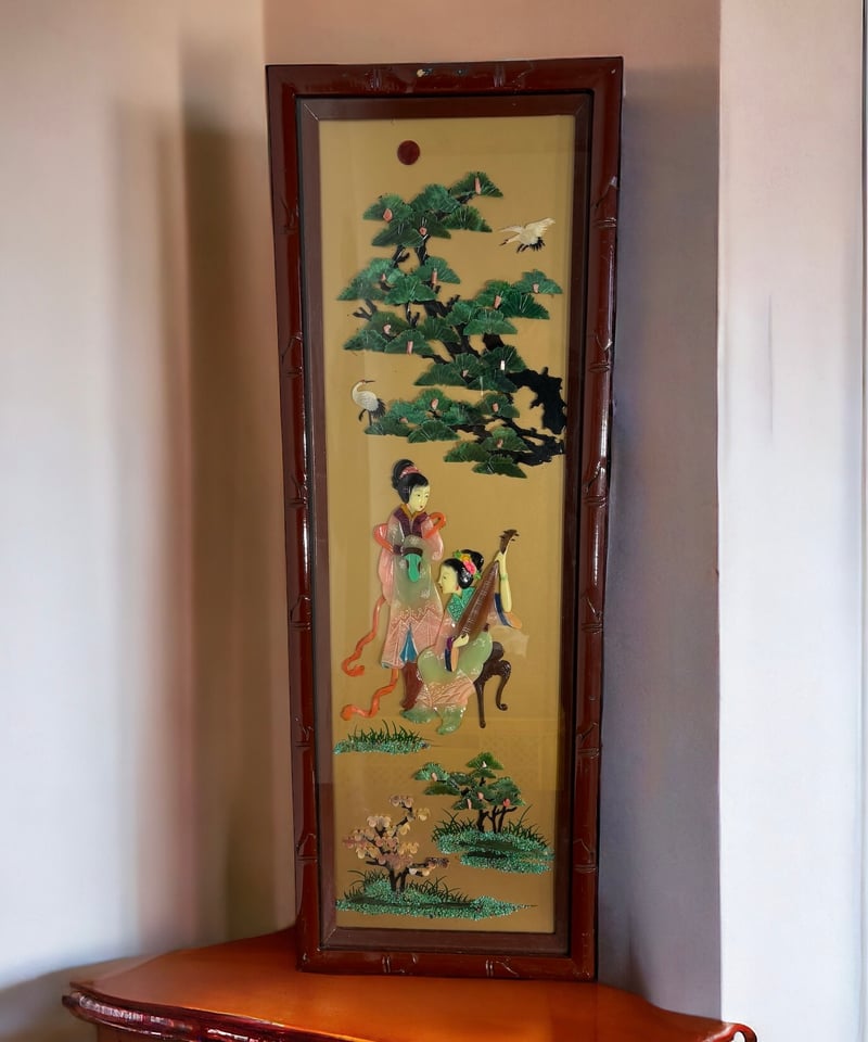 中国美術 壁掛け【人物絵・鶴・松竹梅】玉石細工 貴石画 唐物 石 中国美術 壁掛け【人物絵・鶴・松竹梅】玉石細工 貴石画 唐物 石