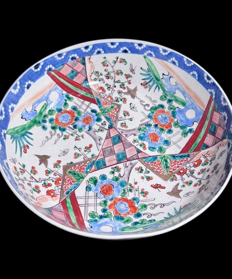 古伊万里 大鉢 梅鳥草花文図 盛り鉢 色絵 鉢 取り皿 飾り皿 陶器 伊万里 時代物 骨董品 アンティーク