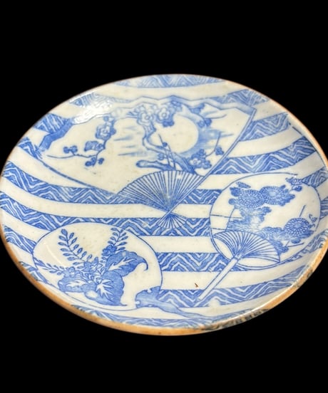 染付 [草花扇子団扇紋] 取り皿 小皿 平皿 丸皿 豆皿 和食器 骨董品 アンティーク