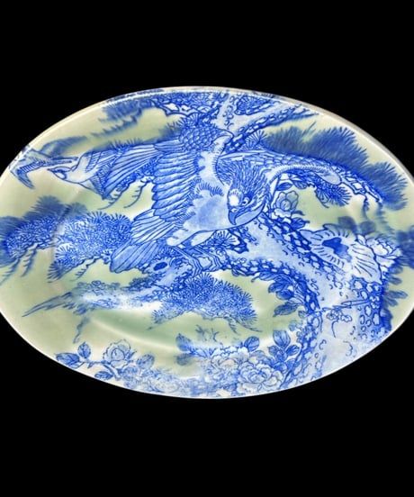明治 古伊万里 鳥松草花図 青磁 鷲 楕円皿 伊万里 蔵出し 時代物 陶器 骨董品 アンティーク