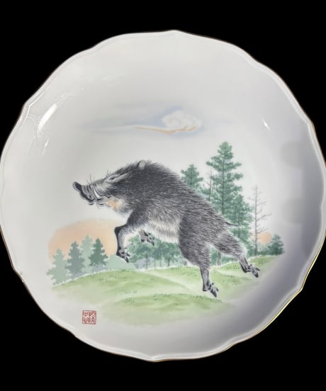 宮内庁御用達 深川製磁 有田焼 絵皿 イノシシ 亥 色絵 干支 プレート 丸皿 取り皿 飾り皿 縁起皿 骨董品 アンティーク