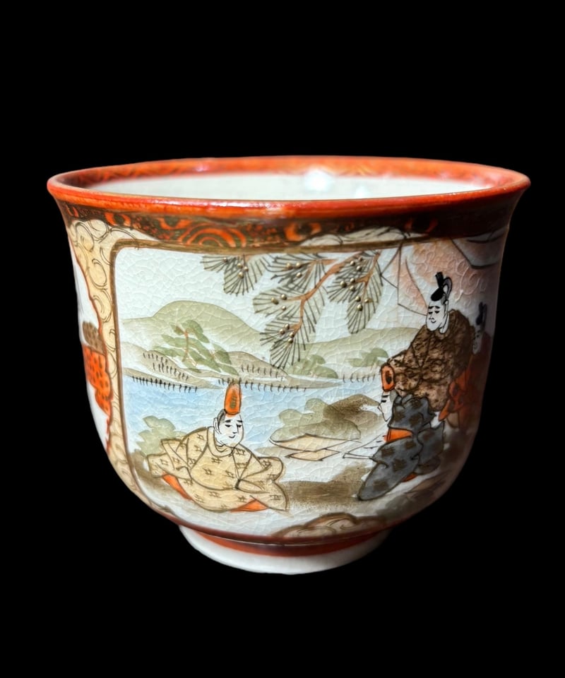 希少!!】九谷造 湯呑 色絵 金彩 [松竹梅鳥文風景窓絵 粉彩人物絵 希少!!】九谷造 湯呑 色絵 金彩 [松竹梅鳥文風景窓絵 粉彩人物絵