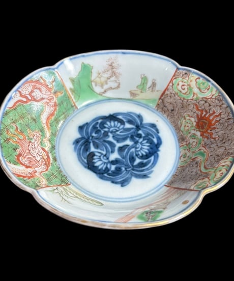 【5客セット】古伊万里 金彩 小皿 龍風景文図 色絵 向付 銘々皿 時代物 陶器 旅館 和食器 骨董品 アンティーク