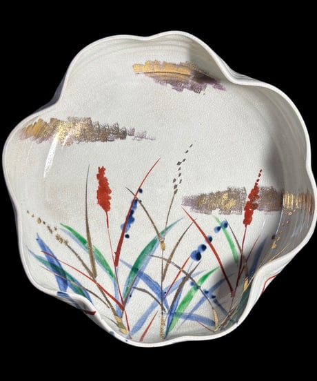 蔵出し 稲穂 飾鉢 花形鉢 色絵 大鉢 変形鉢 盛り皿 飾り皿 古美術 和食器 骨董品 アンティーク
