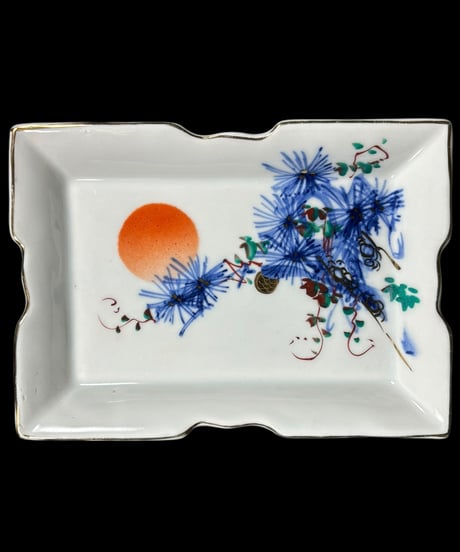 【2客セット】色絵 四角皿 [松 日] 時代物 角皿 変形皿 小皿 取り皿 盛り皿 飾り皿 レトロ 昭和初期 和食器 骨董品 アンティーク
