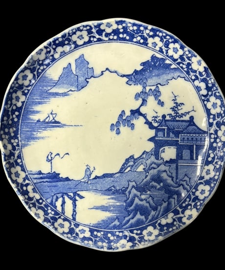 染付 平皿 [風景山水松人物絵] 丸皿 印判 大皿 取り皿 盛り皿 飾り皿 和食器 骨董品 アンティーク