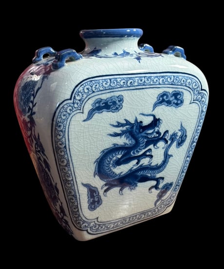 中国磁器 壺 雲龍 牡丹 貫入 釉薬 フラワーベース 花瓶 花入れ 龍 花器 陶器 中国 古美術 骨董品 アンティーク