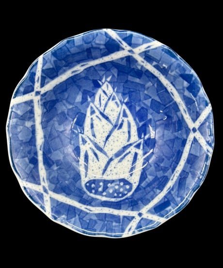 【4客セット】義峰 染付 小皿 たけのこ 小鉢 筍 取り皿 盛り皿 飾皿 時代物 和食器 骨董品 アンティーク