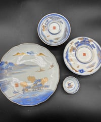 一式揃 江戸期 古伊万里 金彩 染付 麒麟 山水風景図 汁椀 茶椀 大皿 お猪口 裏印 取り皿 飾り皿 和食器 陶器 骨董品 アンティーク