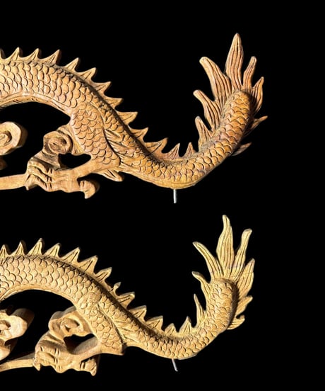 【2体セット】彫刻 龍 木製 欄間 古民家建具等 彫刻パーツ 十二支 置物 飾り 竜 辰 縁起物 木彫り 天然木 工芸品 骨董品 アンティーク