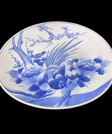 蔵出し 古伊万里 染付 絵皿 孔雀 牡丹図 大皿 丸皿 幕末 明治 取り皿 盛り皿 飾り皿 和食器 時代物 骨董品 アンティーク