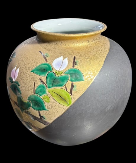 九谷 光陽 金襴手 花瓶 椿 九谷焼 フラワーベース 花入れ 丸壺 花器 陶器 古美術 レトロ 骨董品 アンティーク