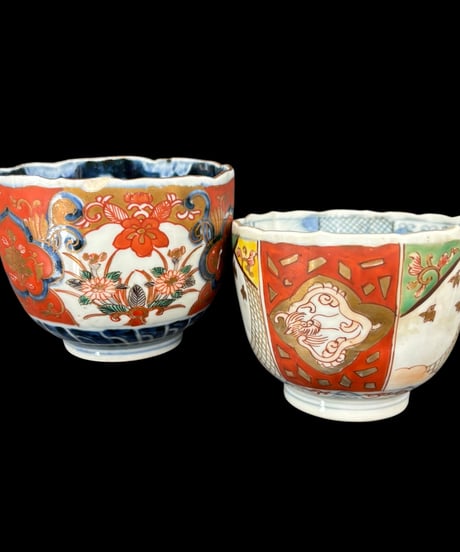 【2客セット】 時代物 古伊万里 湯呑み 金彩 色絵 冨貴長春 絵違い 赤絵 蕎麦猪口 和食器 陶器 骨董品 アンティーク