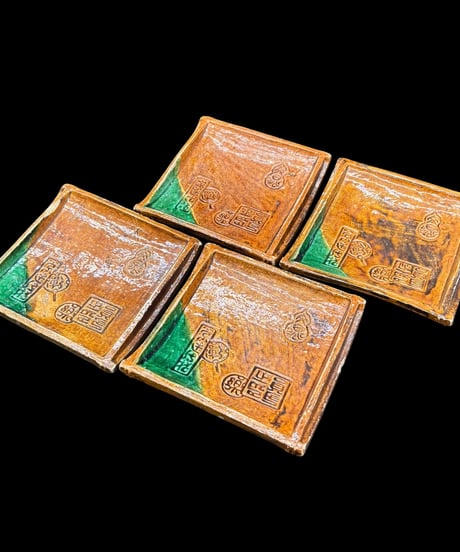 【4客セット】 大樋焼 菓子皿 瓢箪団扇印文図 四方皿 角皿 小皿 平皿 時代物 和食器 骨董品 アンティーク