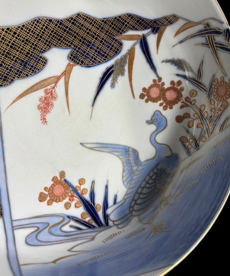 伊万里 大鉢 [鶴草花文] 金彩 色絵 大皿 丸皿 鉢 盛り皿 飾り皿 古伊万里 古美術 和食器 骨董品 アンティーク