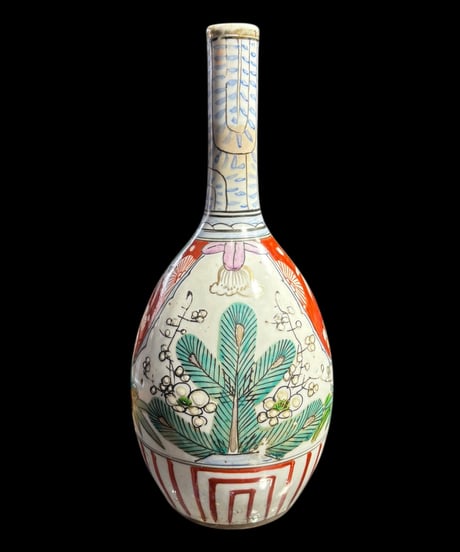 明治 大正 色絵花瓶 一輪挿し 松竹梅 フラワーベース 花入れ 花器 陶器 インテリア 骨董品 アンティーク