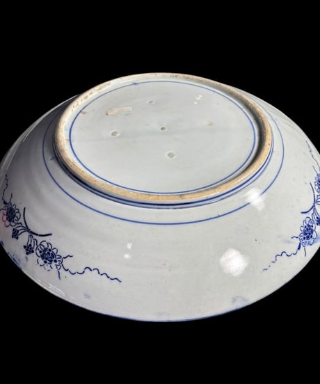 時代物 古伊万里 草花丸紋図 大皿 印判 染付 丸皿 盛り皿 飾皿 伊万里 古美術 和食器 骨董品 アンティーク