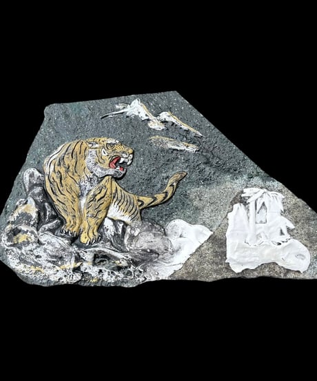 石彫刻 山月竹虎図 石板 レリーフ 石彫り 置物 石 縁起物 インテリア 骨董品 アンティーク