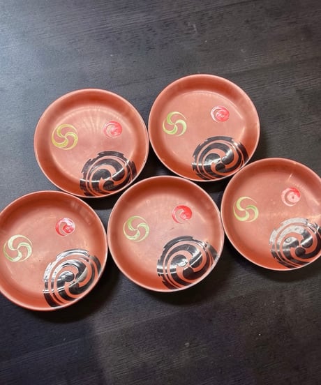 【5客セット】 蔵出し 朱塗 巴文 銘々皿 丸盆 漆器 渦巻き 塗物 盆 和食器 骨董品 アンティーク