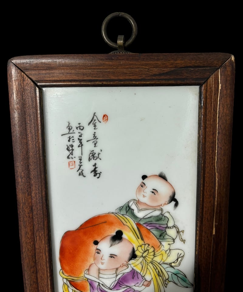 中国美術 陶板画 陶板額【粉彩人物絵】額装 壁掛 扁額 五彩 色絵