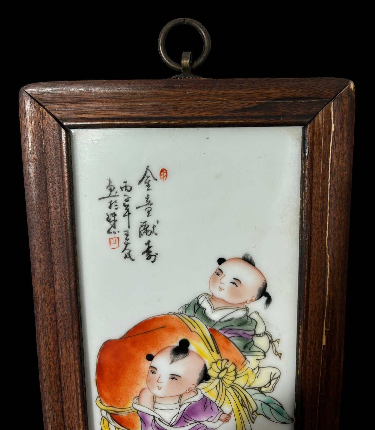 中国 粉彩陶板 美人 送料込み0410 中国美術 陶板画 陶板額【粉彩人物絵】額装 壁掛 扁額 五彩 色絵