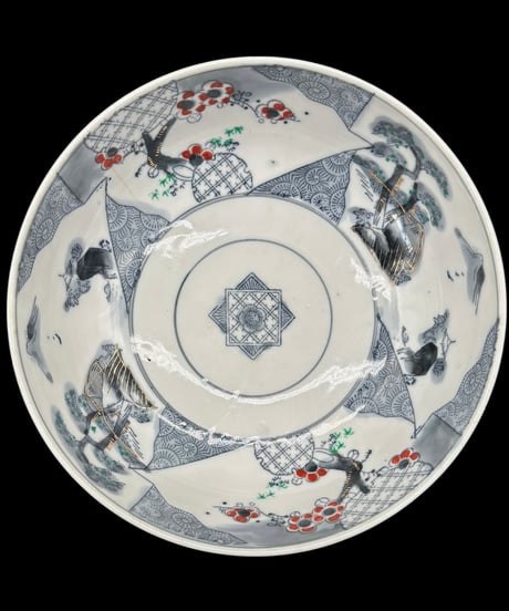 古伊万里 金彩 色絵 大鉢 梅松風景文図 日本製 取り皿 飾り皿 伊万里 陶器 時代物 骨董品 アンティーク