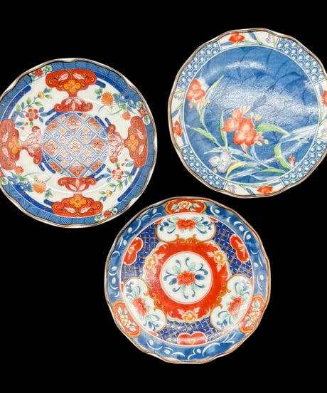 【3客セット】有田焼 雅東苑窯 色絵 小皿 絵違い 染付 絵皿 飾皿 時代物 和食器 骨董品 アンティーク