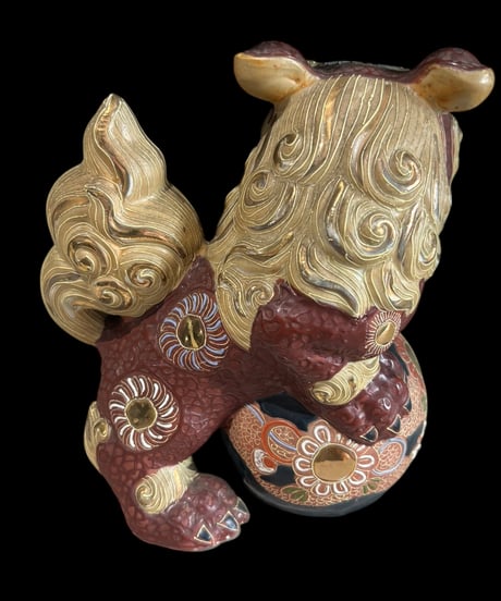 九谷焼 赤獅子 色絵 玉獅子 玉乗り獅子 唐獅子 置物 美術品 縁起物 オブジェ 陶磁器 陶器 骨董品 アンティーク