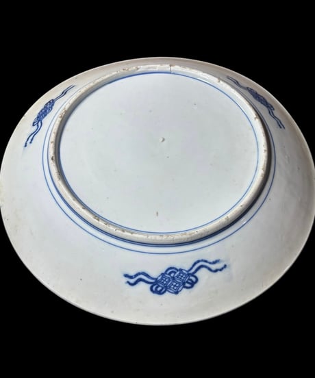 古伊万里 印判 大皿 [龍鯛草花風景文図] 染付 大皿 丸皿 取り皿 飾り皿 和食器 江戸 伊万里 陶器 骨董品 アンティーク