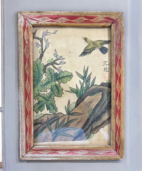 中国美術 絵画【鳥草花風景絵】額装 壁掛 額 扁額 五彩 色絵 民国 中国 古美術 アンティーク コレクション