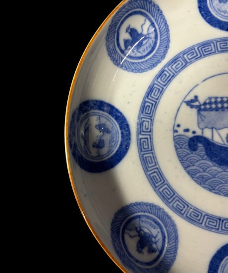 染付 丸皿 [船波風景馬文人物絵] 平皿 中皿 取り皿 盛り皿 飾り皿 和食器 骨董品 アンティーク