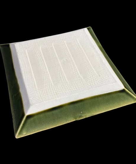 織部焼 五陶作 四方皿 菊抜 瀬戸焼 四角皿 作家物 角皿 菓子器 菓子皿 茶道具 織部 工芸品 和食器 骨董品 アンティーク