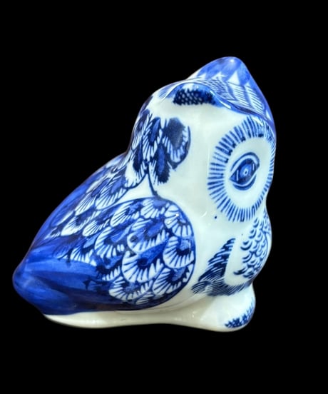 【2体セット】ふくろう 置物 梟 染付 フクロウ 縁起物 福 飾り 陶器 工芸品 インテリア 骨董品 アンティーク