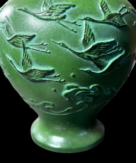 壺 鶴 青銅 鋳芸 グリーン フラワーベース 花瓶 花入れ 丸壺 花器 陶器 古美術 レトロ 骨董品 アンティーク