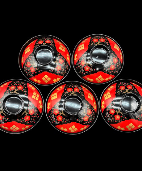 【5客セット】 蔵出し 蒔絵 仙才煮物椀 赤絵 漆器 塗物 塗椀 天然木 茶道具 懐石 和食器 骨董品 アンティーク