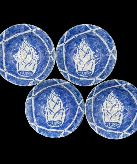 【4客セット】義峰 染付 小皿 たけのこ 小鉢 筍 取り皿 盛り皿 飾皿 時代物 和食器 骨董品 アンティーク