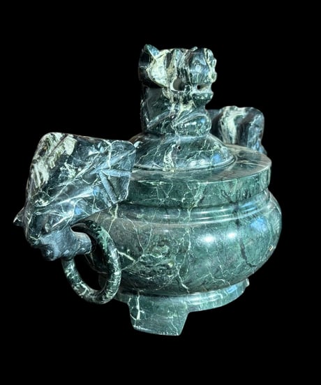 大理石 香炉 獅子 三足 緑石 狛犬 香道具 美術品 インテリア 置物 陶器 中国 時代物 骨董品 アンティーク