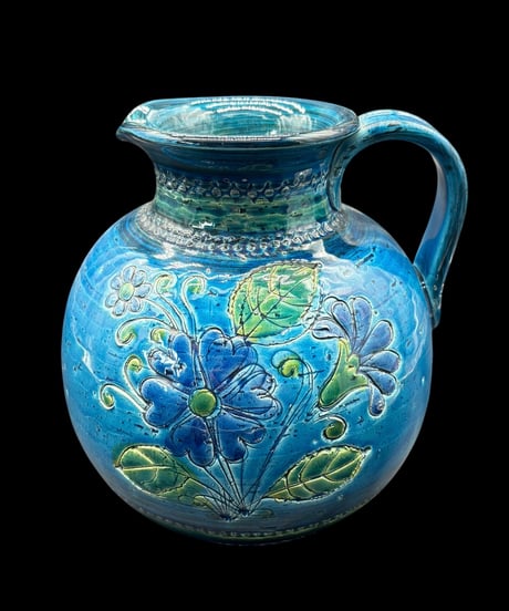 イタリア製 手描き 花柄 花瓶 ブルー ピッチャー フラワーベース 花入れ 花器 陶器 インテリア 骨董品 アンティーク