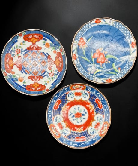 【3客セット】有田焼 雅東苑窯 色絵 小皿 絵違い 染付 絵皿 飾皿 時代物 和食器 骨董品 アンティーク