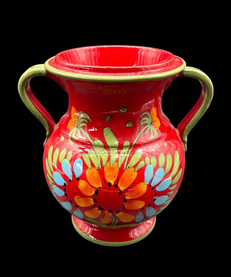 イタリア製 手描き 花柄 花瓶 レッド フラワーベース 花入れ 花器 陶器 インテリア 骨董品 アンティーク