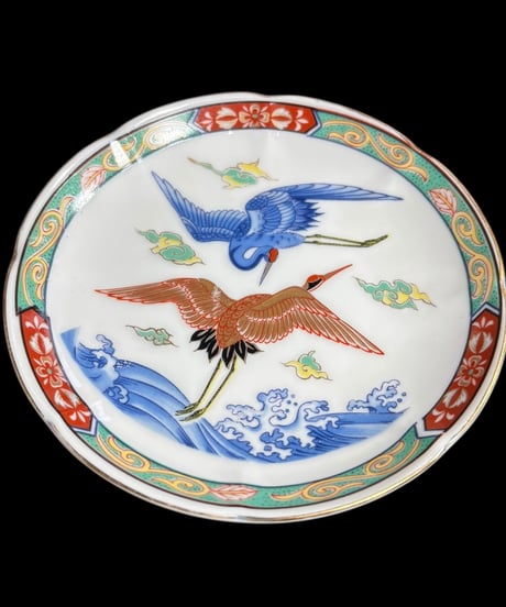 古伊万里 絵皿 [双鶴波雲文] 色絵 小皿 平皿 丸皿 盛り皿 飾り皿 古伊万里 古美術 和食器 骨董品 アンティーク