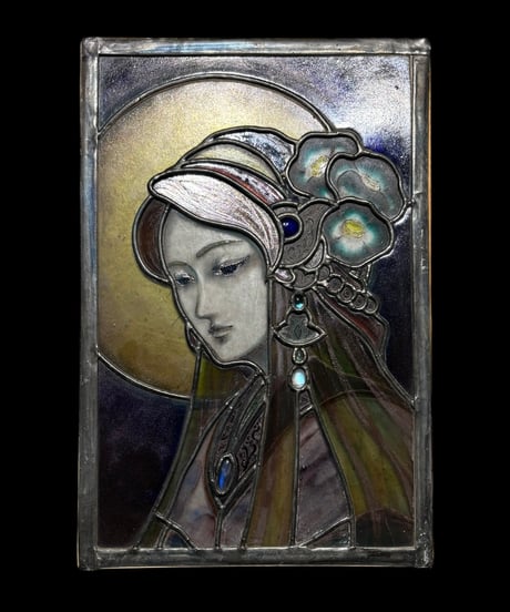 ステンドグラス 女神像 満月 アート ガラス パネル 女性 装飾品 インテリア 骨董品 アンティーク ヴィンテージ