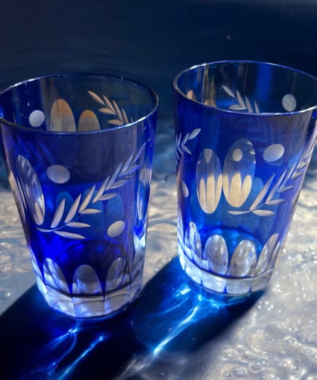 【2客セット】切子グラス 青 冠水瓶 ペアグラス ブルー タンブラー コップ グラス ショットグラス 器 食器 レトロ アンティーク