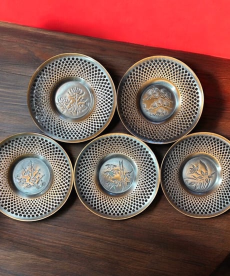 【5客セット】純銅 茶托 透かし 柄違い [松竹梅蘭菊] 和食器 昭和 骨董品 アンティーク