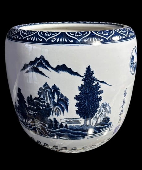 昭和レトロ 染付 火鉢 山水風景文図 金魚鉢 睡蓮鉢 壺 陶器 時代物 古道具 骨董品 アンティーク